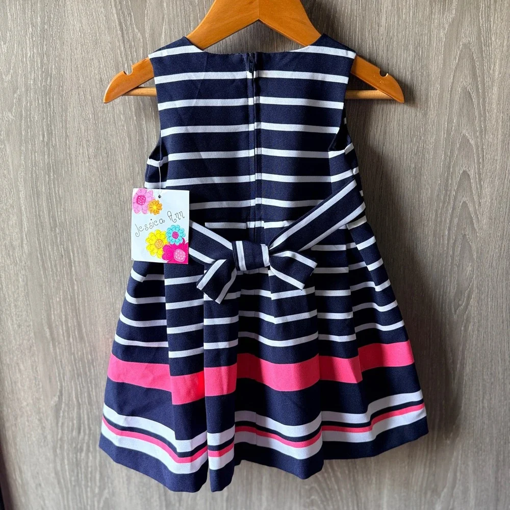 Jessica Ann Dress Set Girls 12M Navy Pink Stripe Nautical Preppy Party Bow NWT